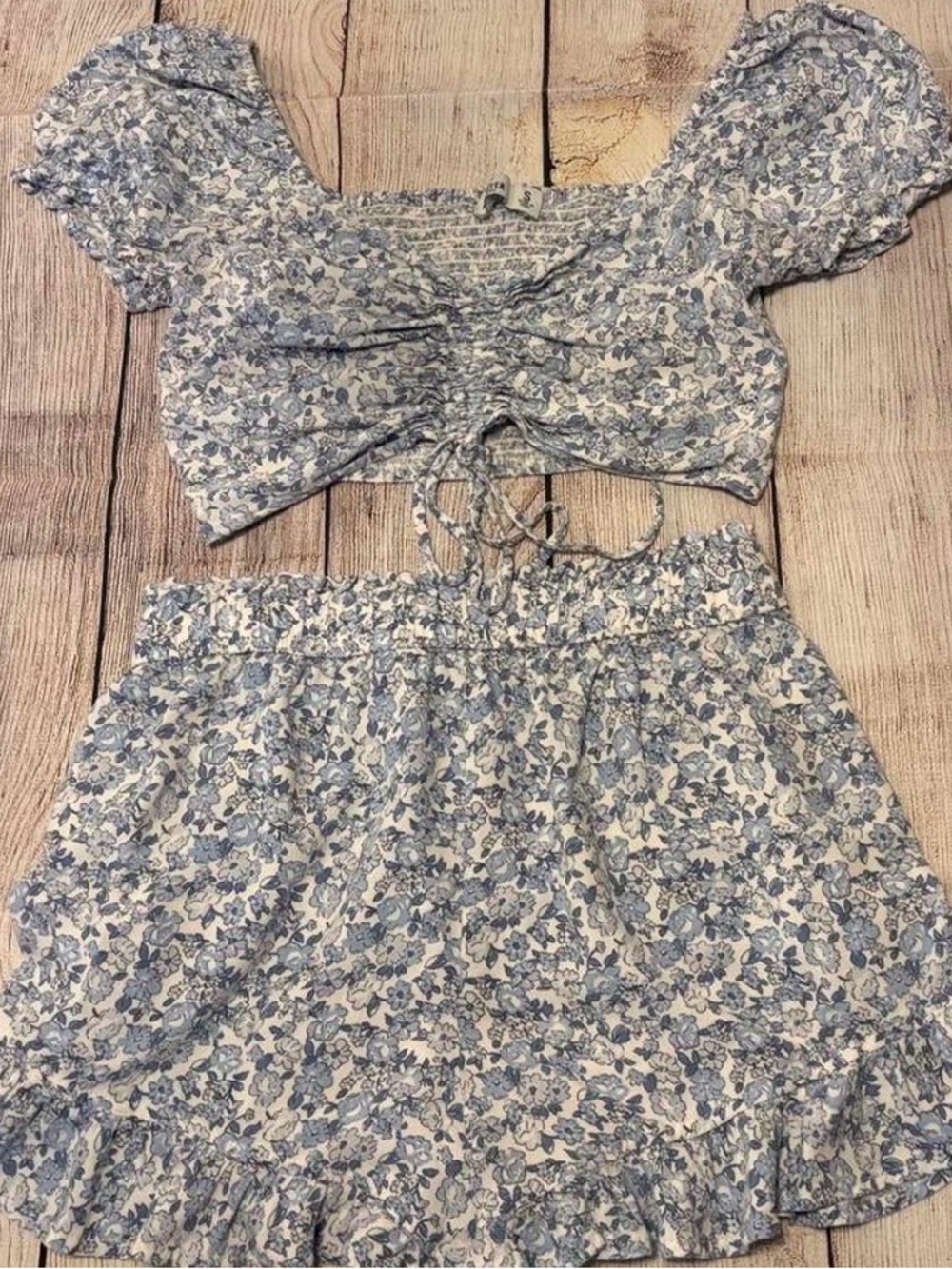 Smocked Floral Two-Piece Crop Top & Skirt Set - Blue